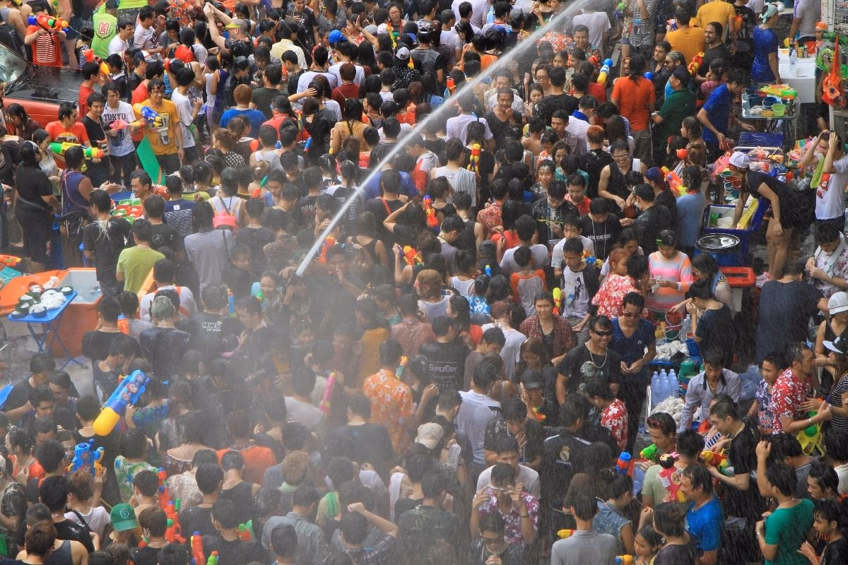 Large crowds enjoying the Songkran Water Festival in Thailand