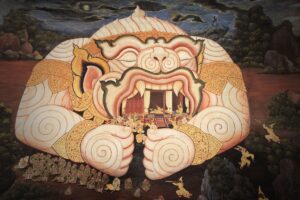Traditional mural paintings inside Wat Phra Kaew in Bangkok, Thailand