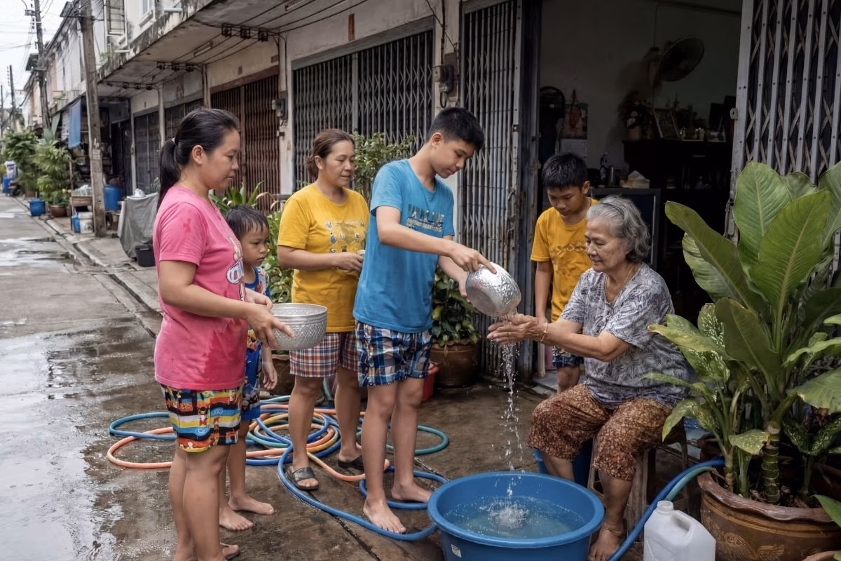 Pouring scented water over the hands of elders during the Rod Nam Dam Hua ceremony in Thailand