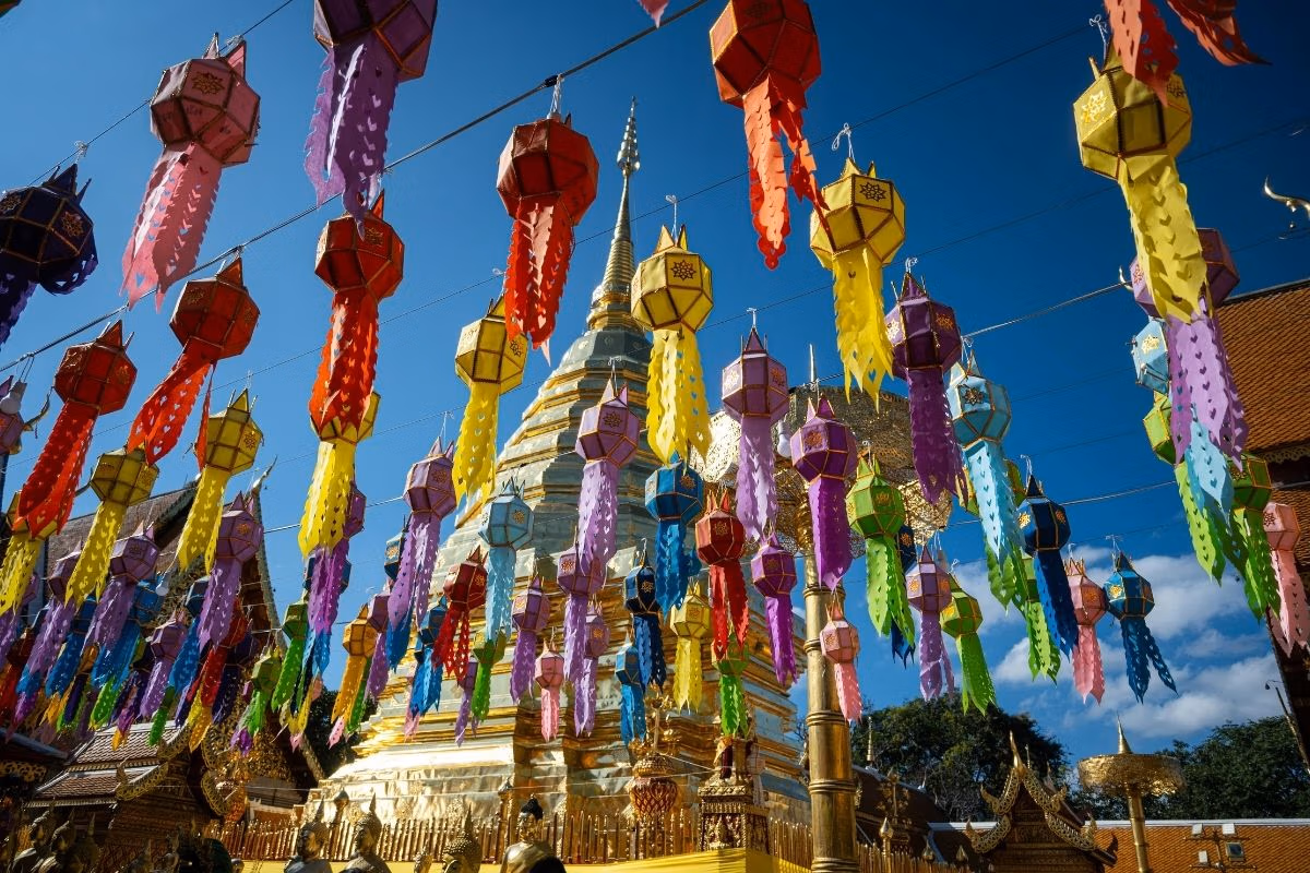 Colorful lanterns decorating the Yi Peng Lantern Festival in Chiang Mai, Thailand