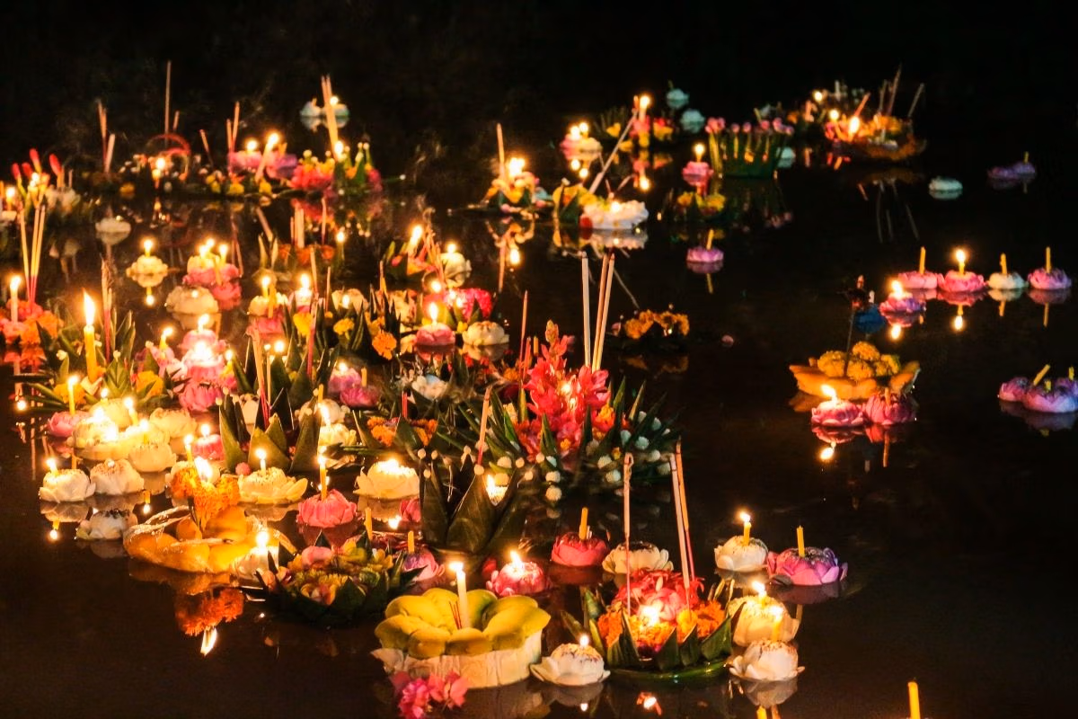 Beautiful krathongs floating during the Loy Krathong Festival in Thailand