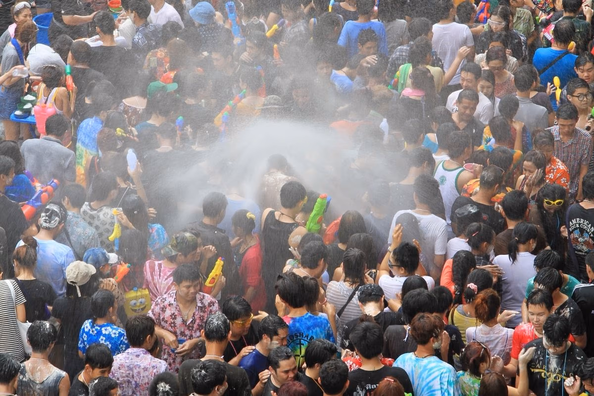 Crowds celebrating Songkran Water Festival in Thailand