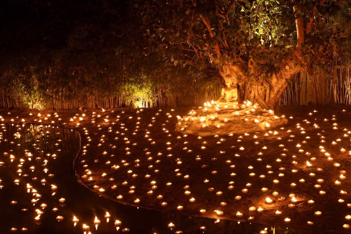 Hundreds of candles illuminating a Buddhist temple ceremony in Thailand
