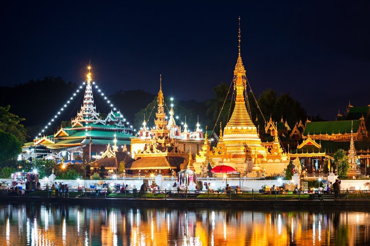 Wat Chong Kham and Wat Chong Klang reflected on Chong Kham Lake in Mae Hong Son, Thailand