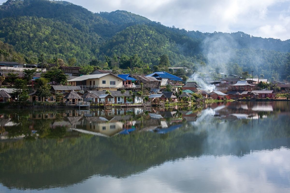 Peaceful countryside surrounded by mountains in Mae Hong Son, Thailand
